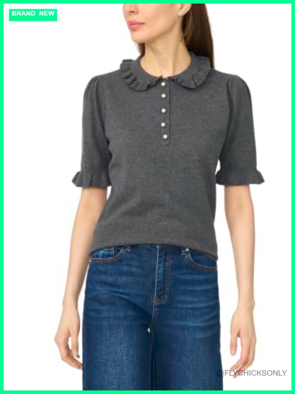 Ruffle Collar Polo Sweater Short Sleeve Ribbed Trim Women's